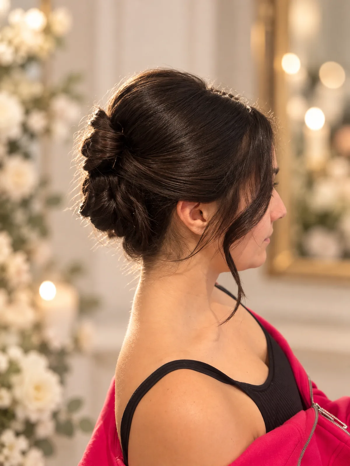 Sculpted brunette bridal party updo