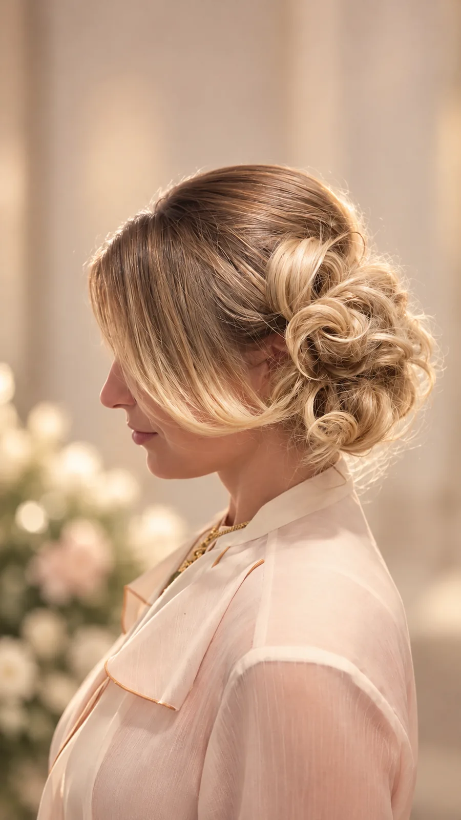 Textured blonde low updo for a trial